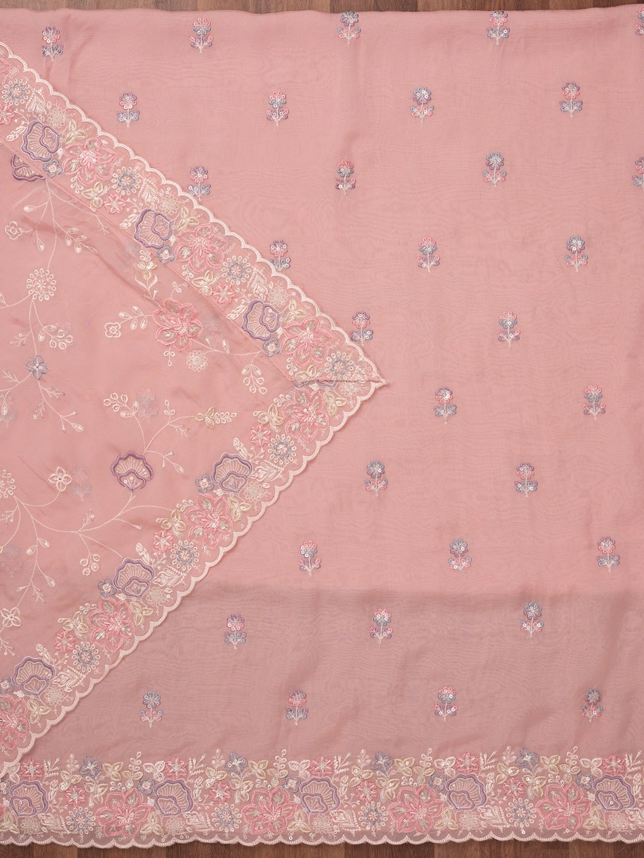 Pink Zariwork Semi Crepe Unstitched Salwar Suit-Koskii