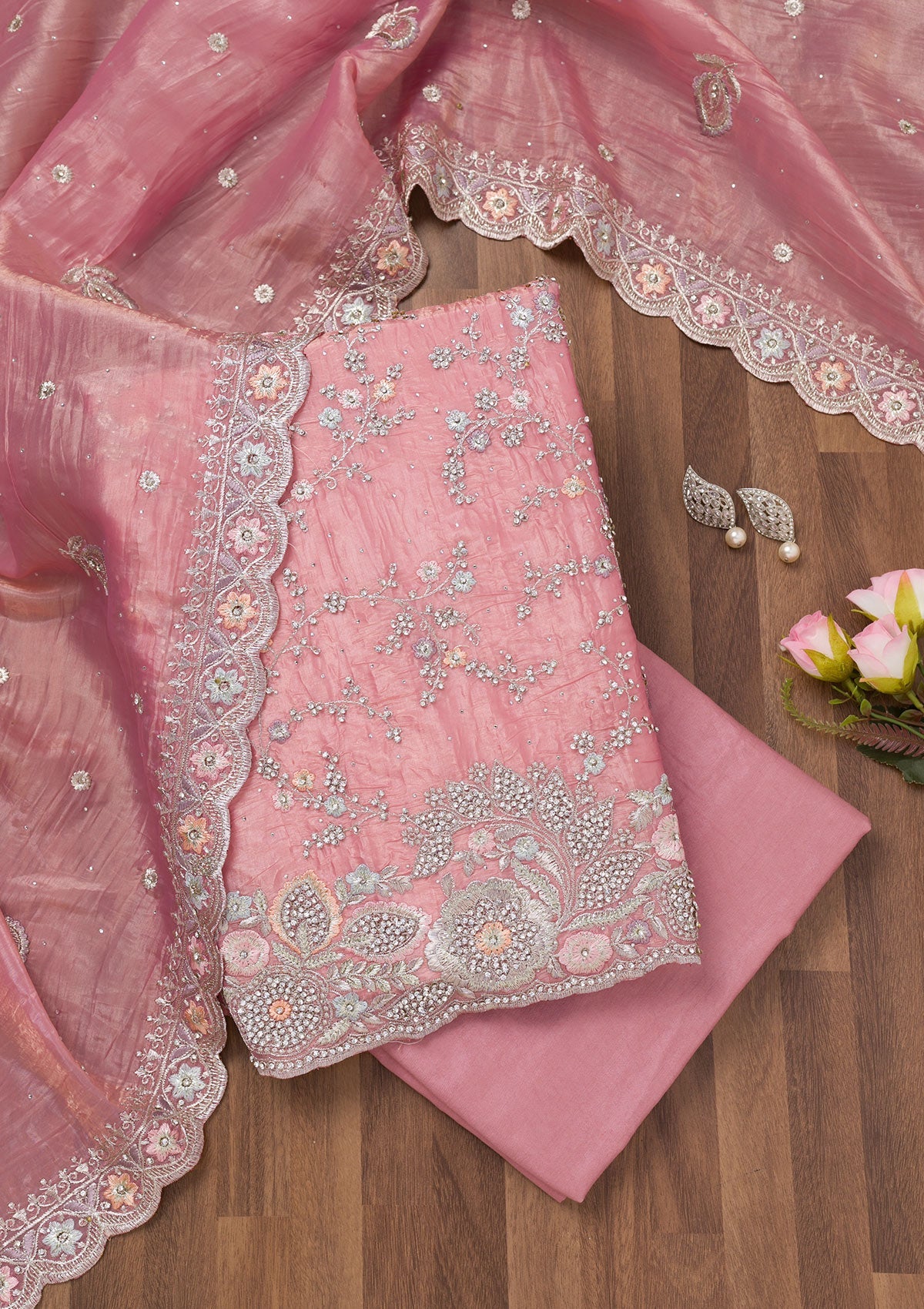 Pink Zariwork Tissue Unstitched Salwar Suit-Koskii