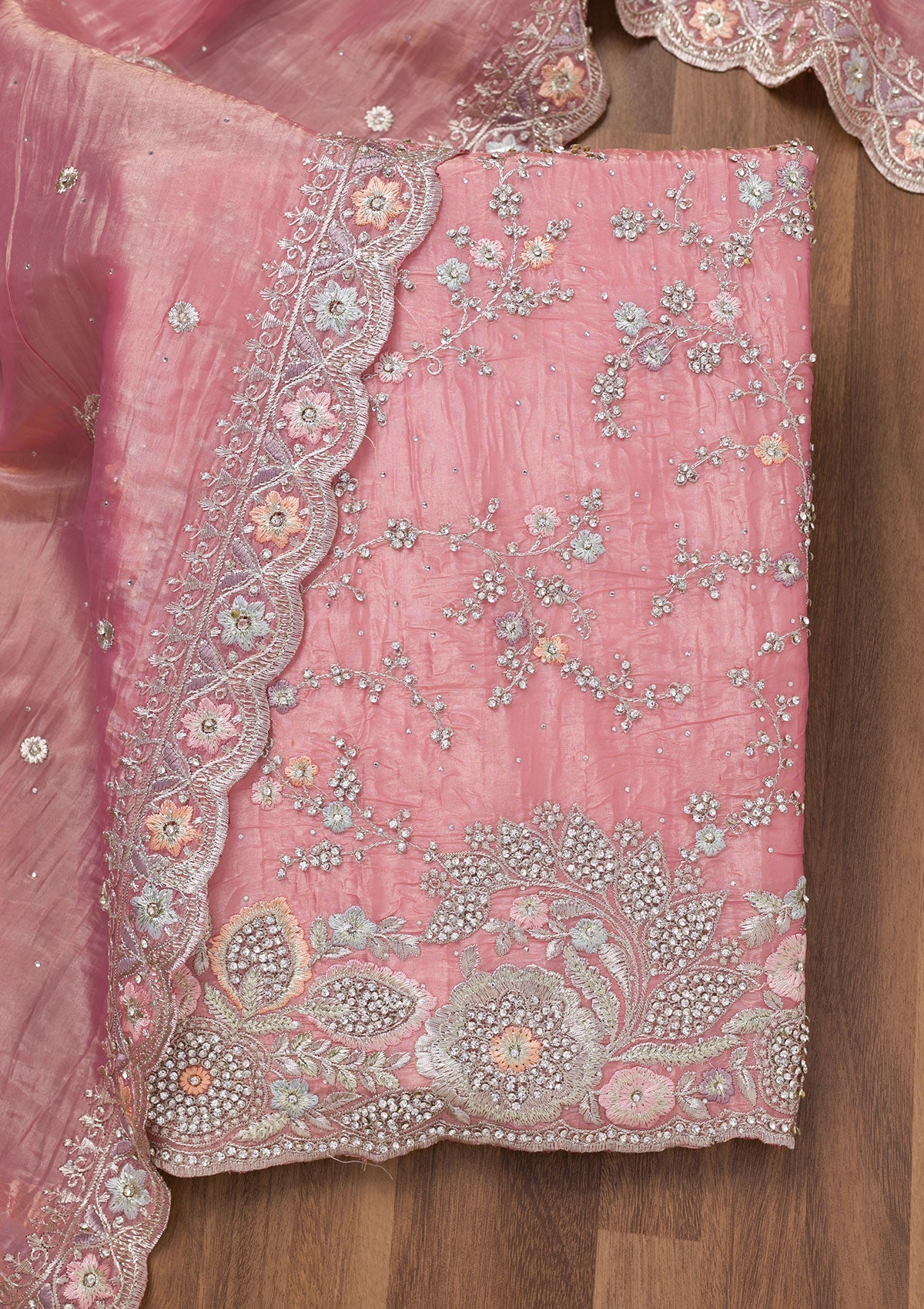 Pink Zariwork Tissue Unstitched Salwar Suit-Koskii