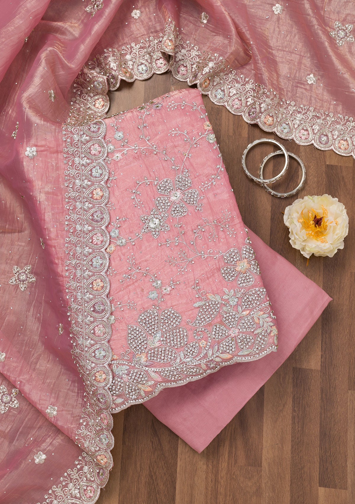 Pink Zariwork Tissue Unstitched Salwar Suit-Koskii