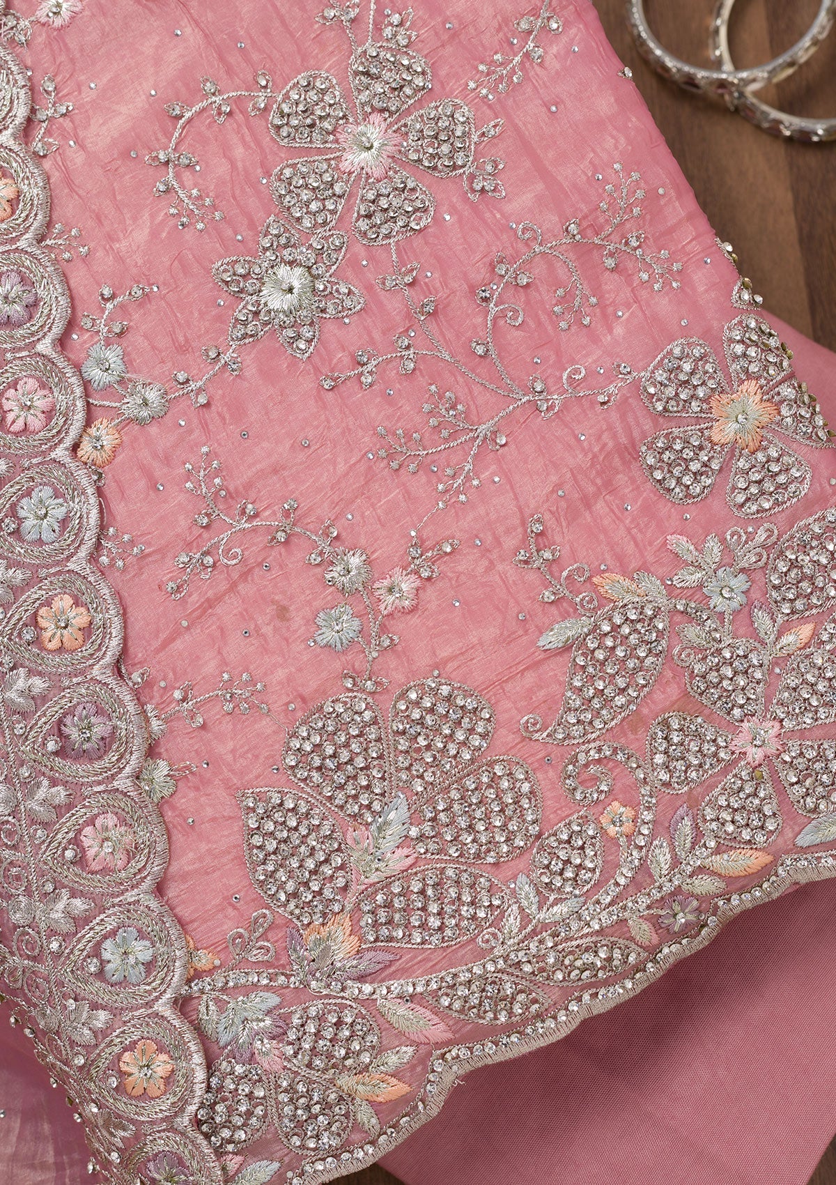 Pink Zariwork Tissue Unstitched Salwar Suit-Koskii