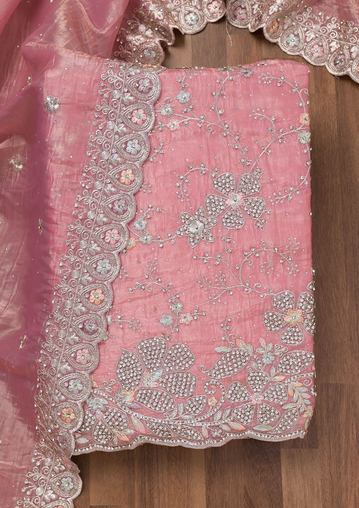 Pink Zariwork Tissue Unstitched Salwar Suit-Koskii