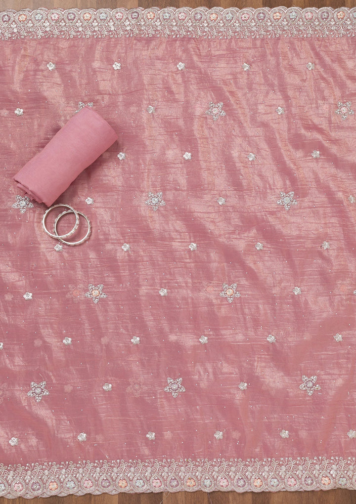 Pink Zariwork Tissue Unstitched Salwar Suit-Koskii