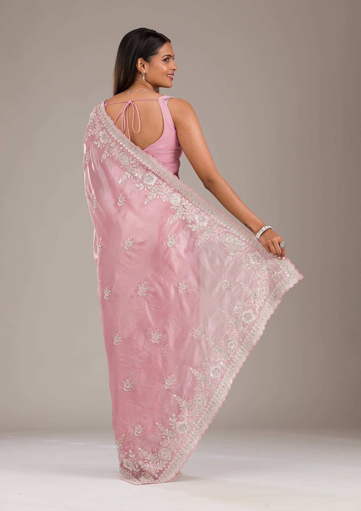 Buy Pink Zariwork Tissue Saree - Koskii