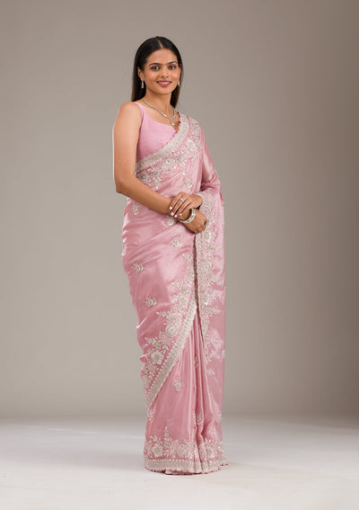 Pink Zariwork Tissue Saree-Koskii