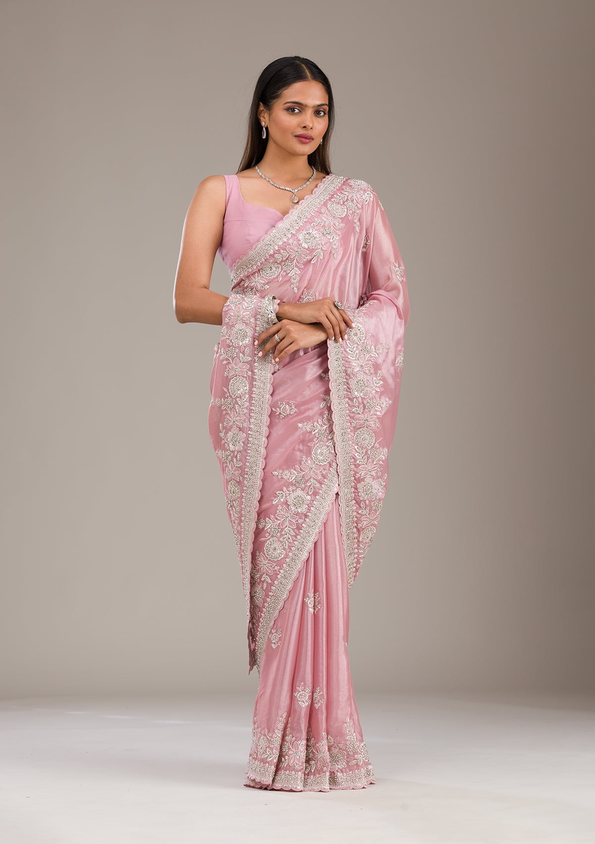 Pink Zariwork Tissue Saree-Koskii