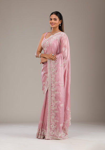 Pink Zariwork Tissue Saree-Koskii