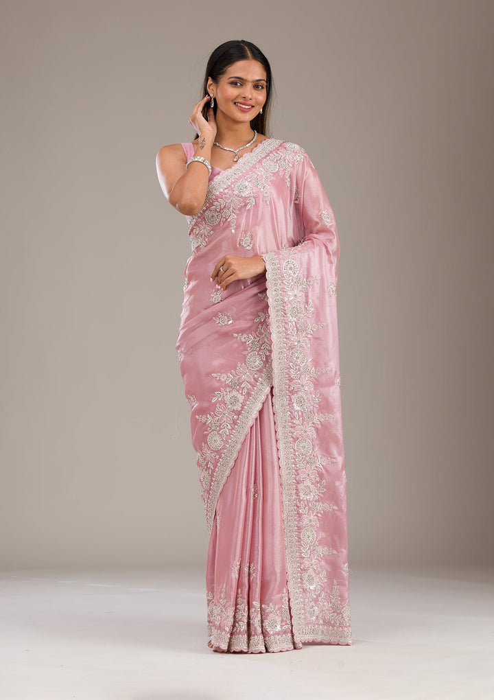 Pink Zariwork Tissue Saree-Koskii