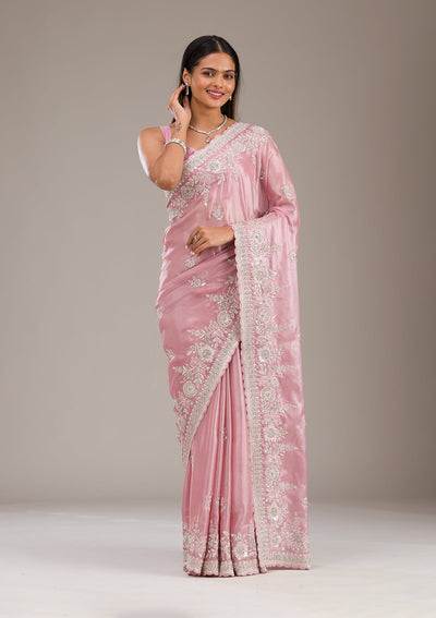 Pink Zariwork Tissue Saree-Koskii