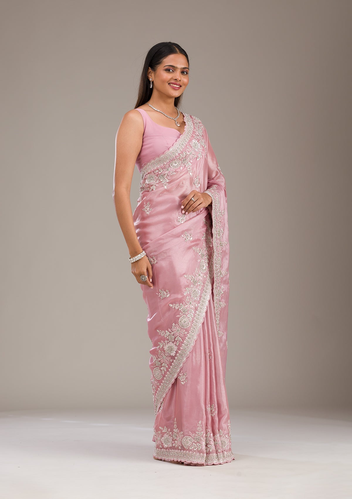 Pink Zariwork Tissue Saree-Koskii