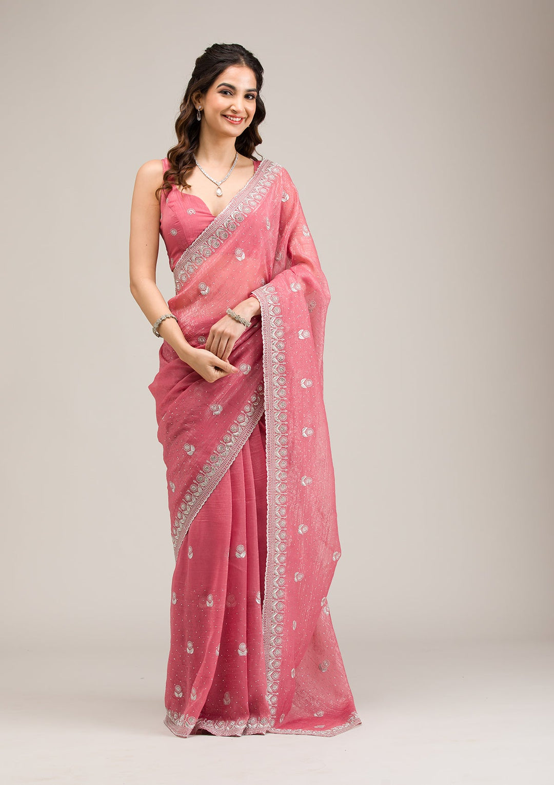 Pink Zariwork Tissue Saree-Koskii