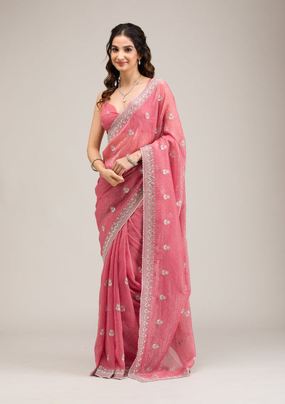 Pink Zariwork Tissue Saree-Koskii