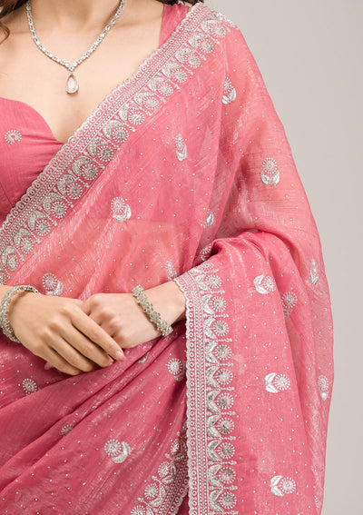 Pink Zariwork Tissue Saree-Koskii