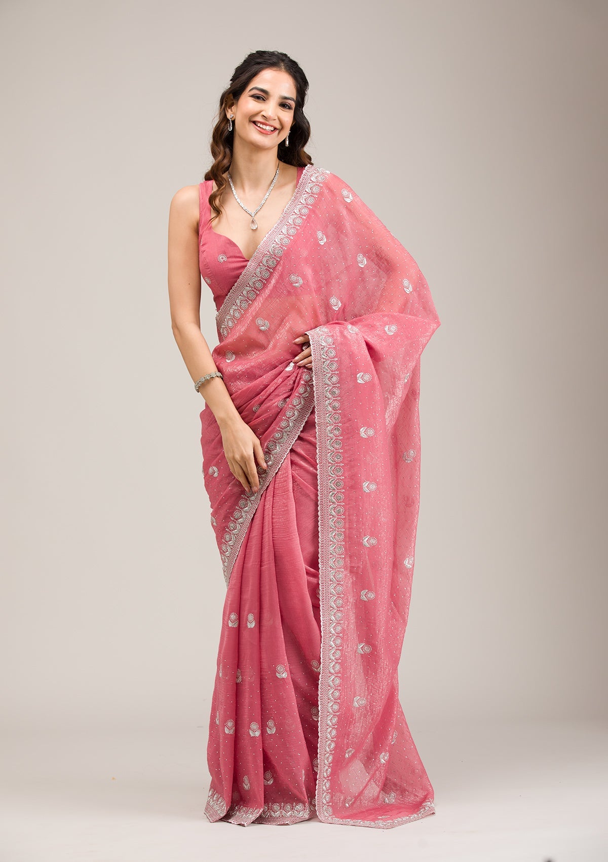 Pink Zariwork Tissue Saree-Koskii