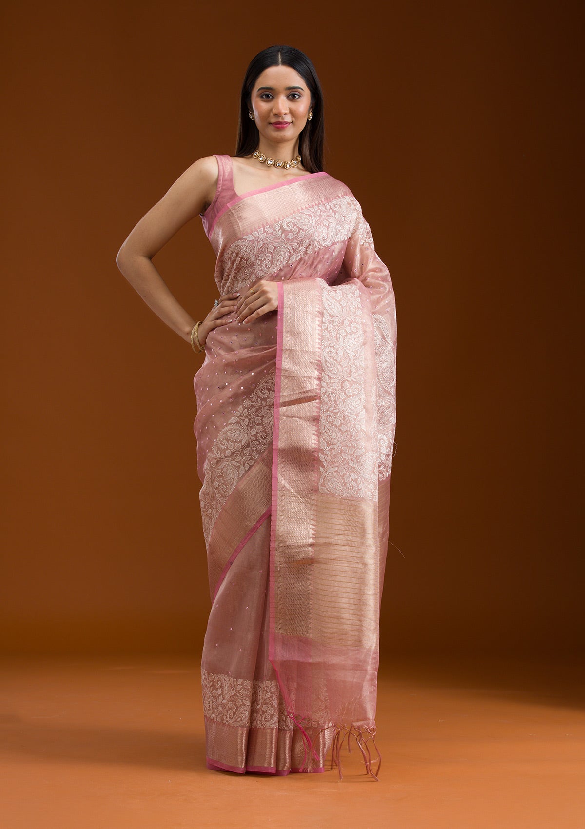 Pink Zariwork Tissue Saree-Koskii