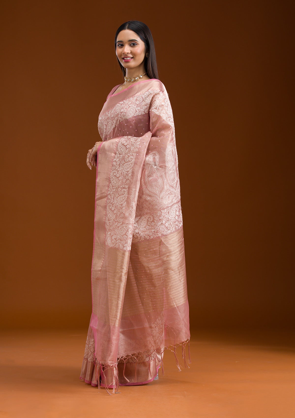 Pink Zariwork Tissue Saree-Koskii