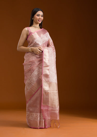 Pink Zariwork Tissue Saree-Koskii