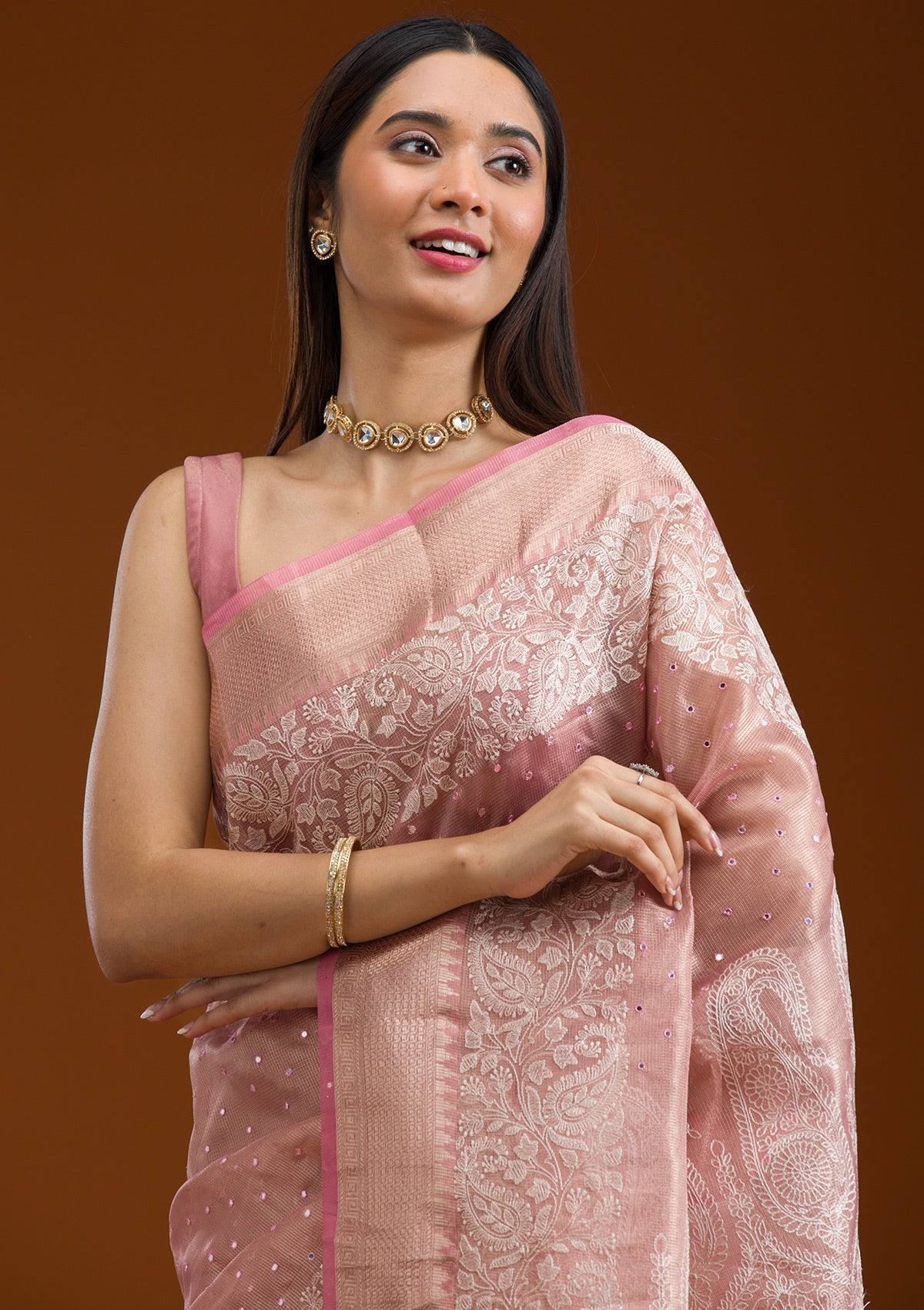 Pink Zariwork Tissue Saree-Koskii