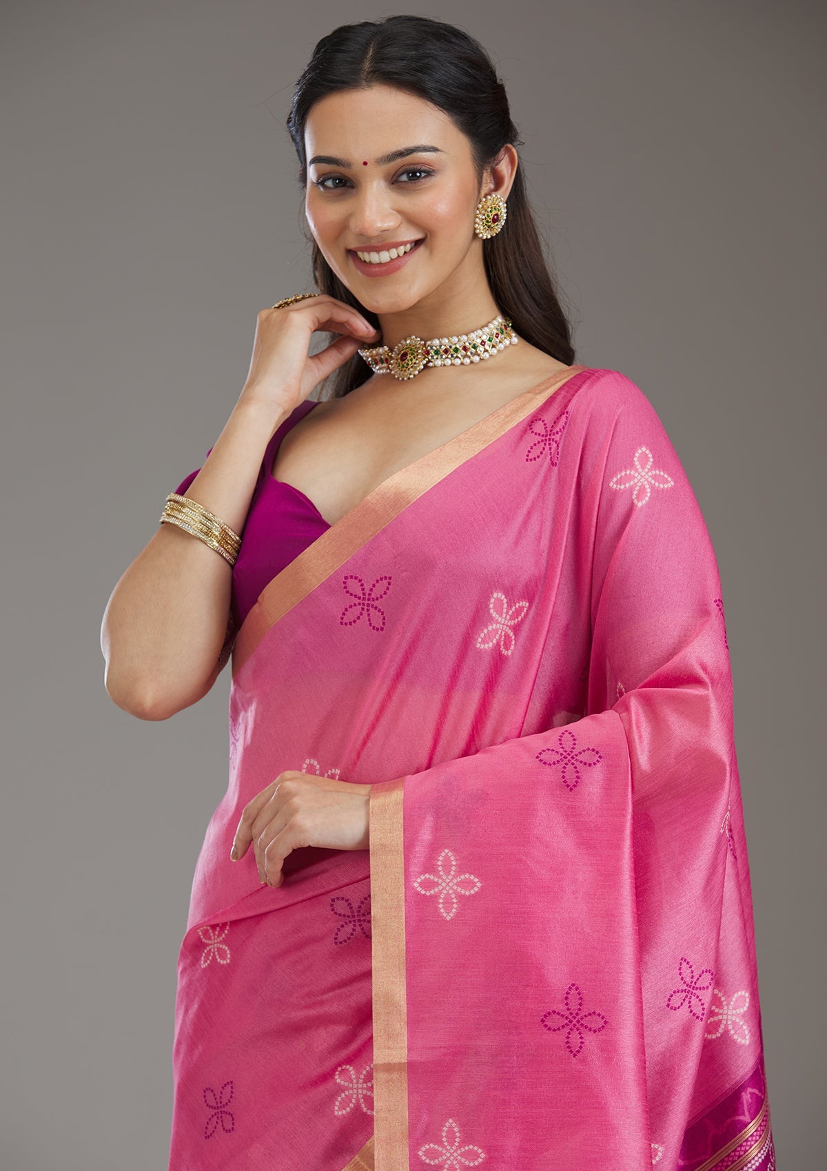 Pink Zariwork Tissue Saree-Koskii