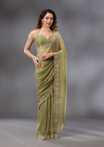 Pista Green Stonework Tissue Saree-Koskii