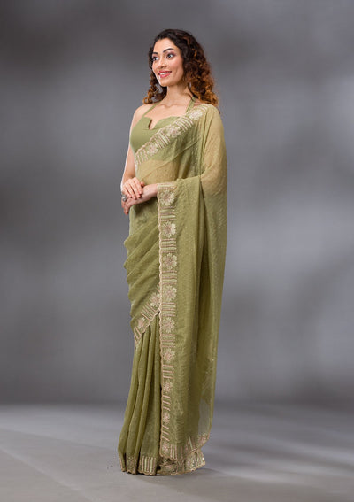 Pista Green Stonework Tissue Saree-Koskii