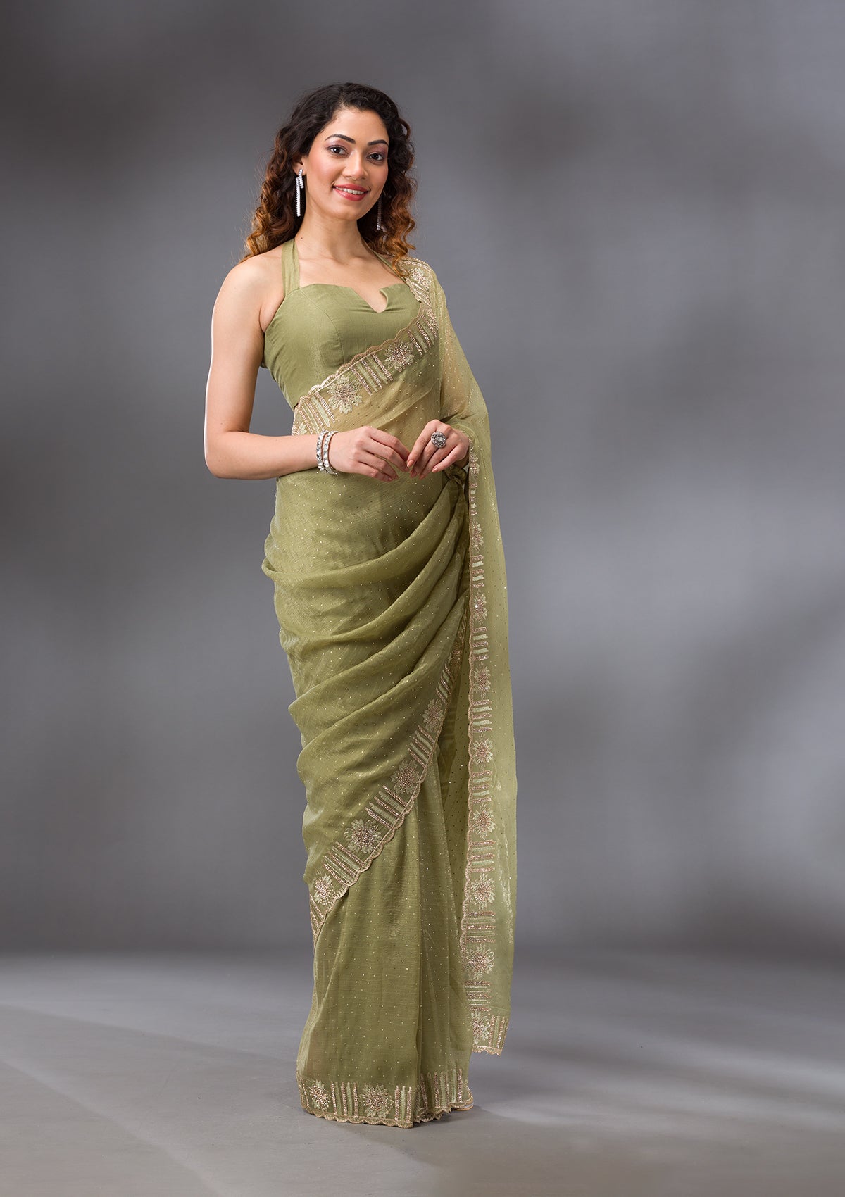 Pista Green Stonework Tissue Saree-Koskii