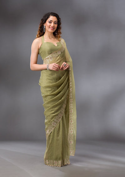 Pista Green Stonework Tissue Saree-Koskii