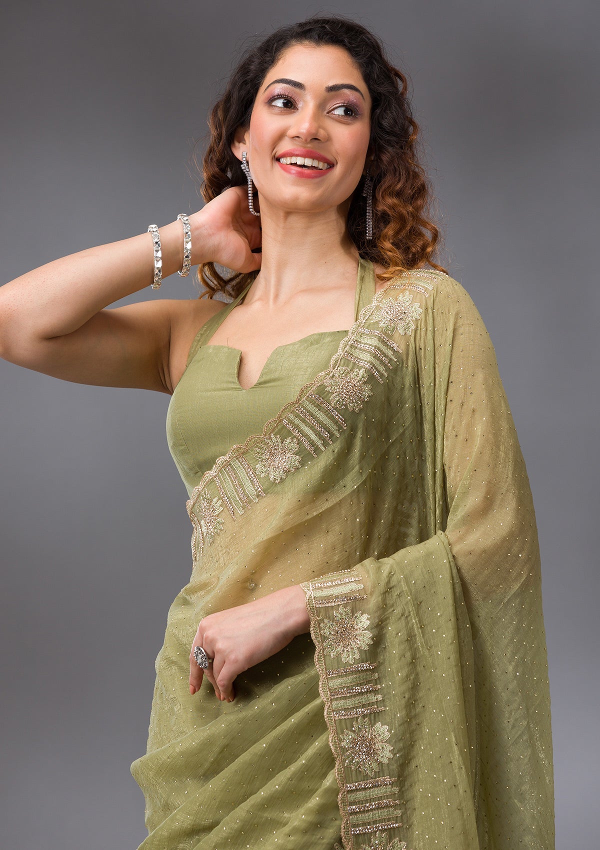 Pista Green Stonework Tissue Saree-Koskii