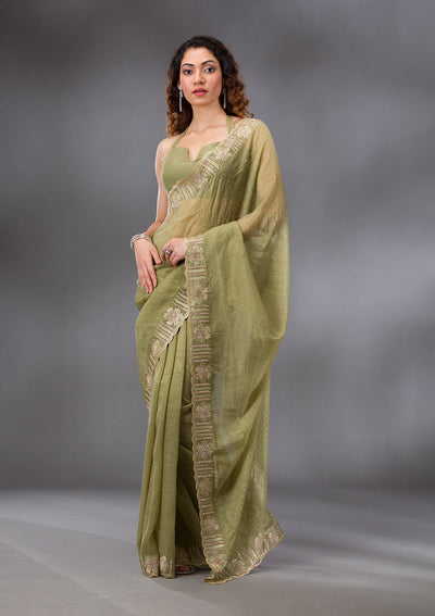 Pista Green Stonework Tissue Saree-Koskii