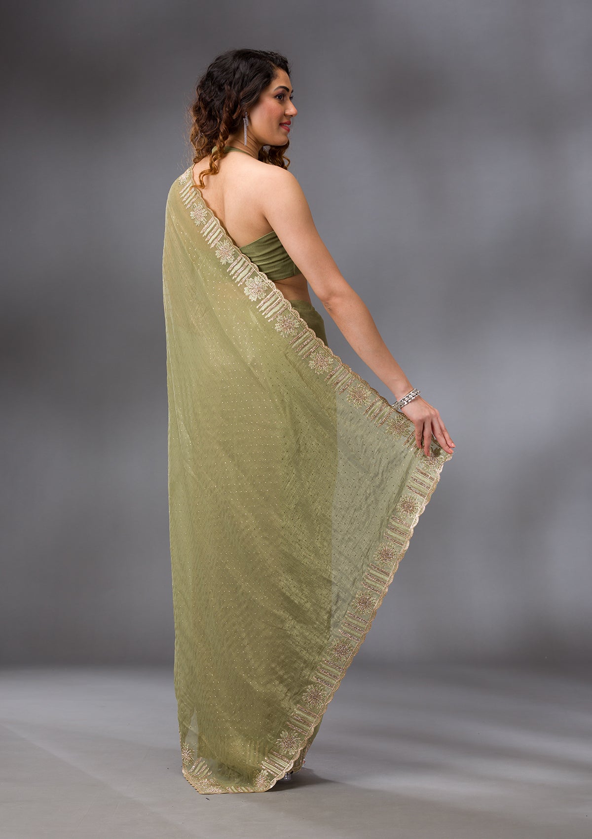 Pista Green Stonework Tissue Saree-Koskii