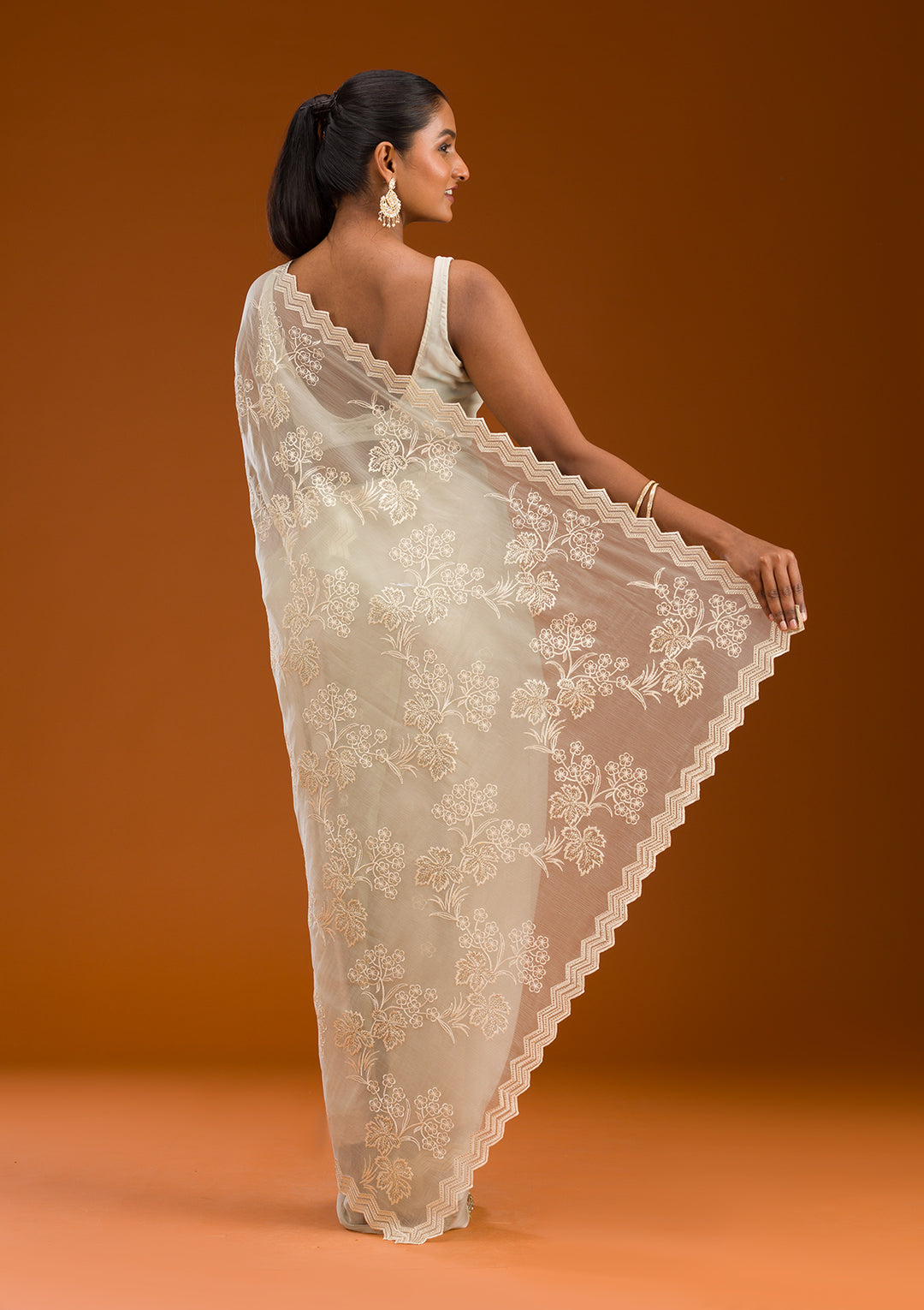 Pista Green Threadwork Chiffon Saree