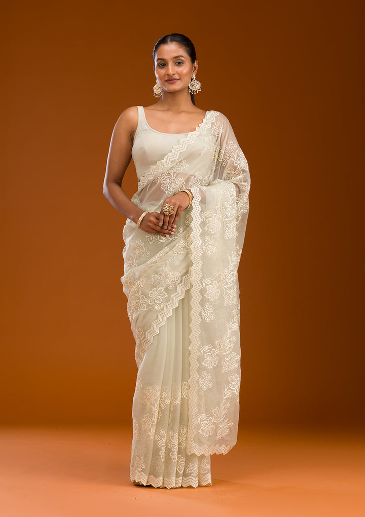 Pista Green Threadwork Chiffon Saree