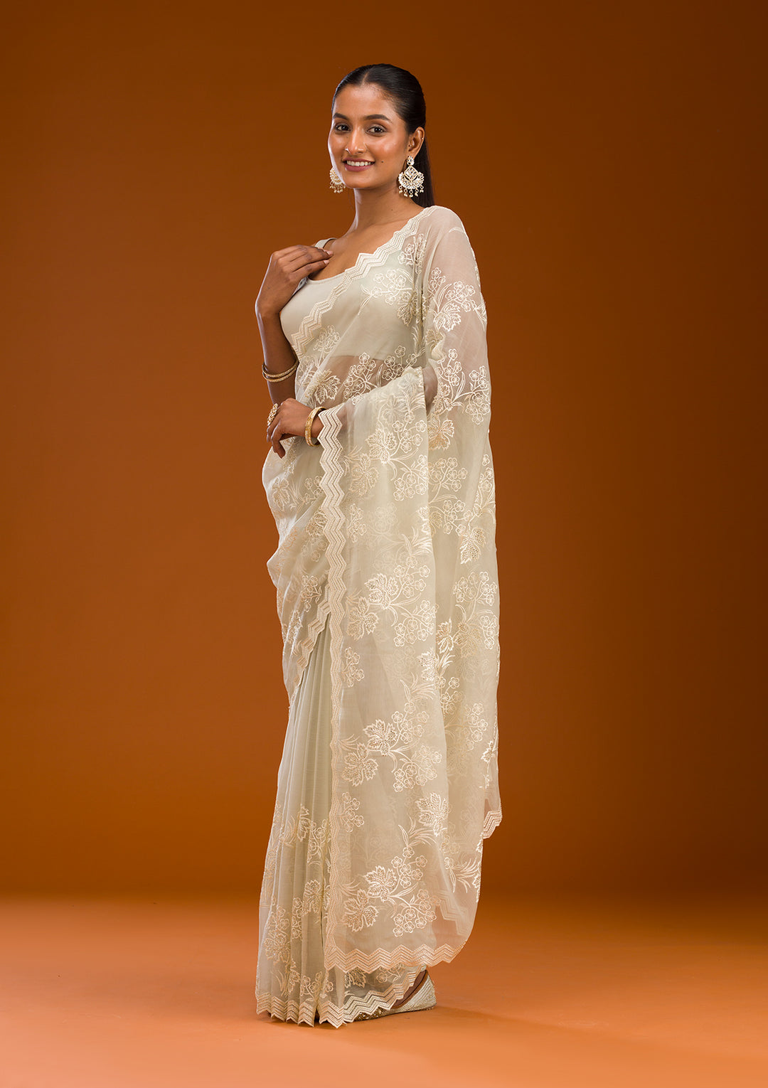 Pista Green Threadwork Chiffon Saree