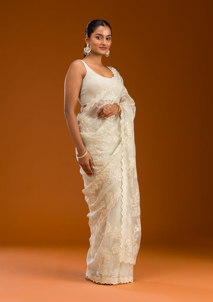 Pista Green Threadwork Chiffon Saree