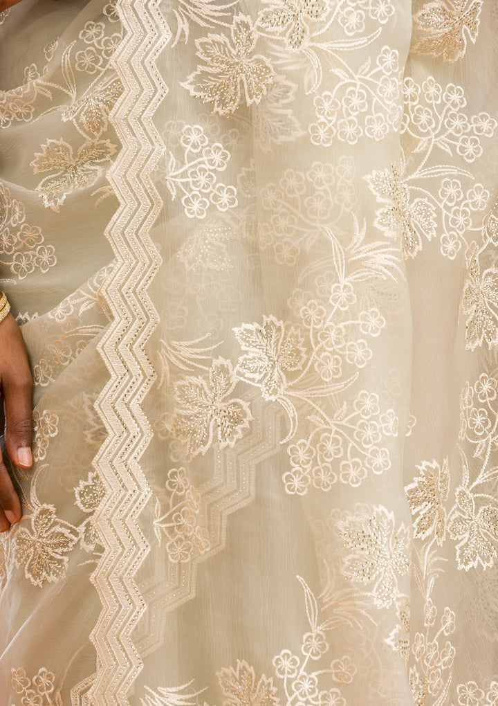 Pista Green Threadwork Chiffon Saree