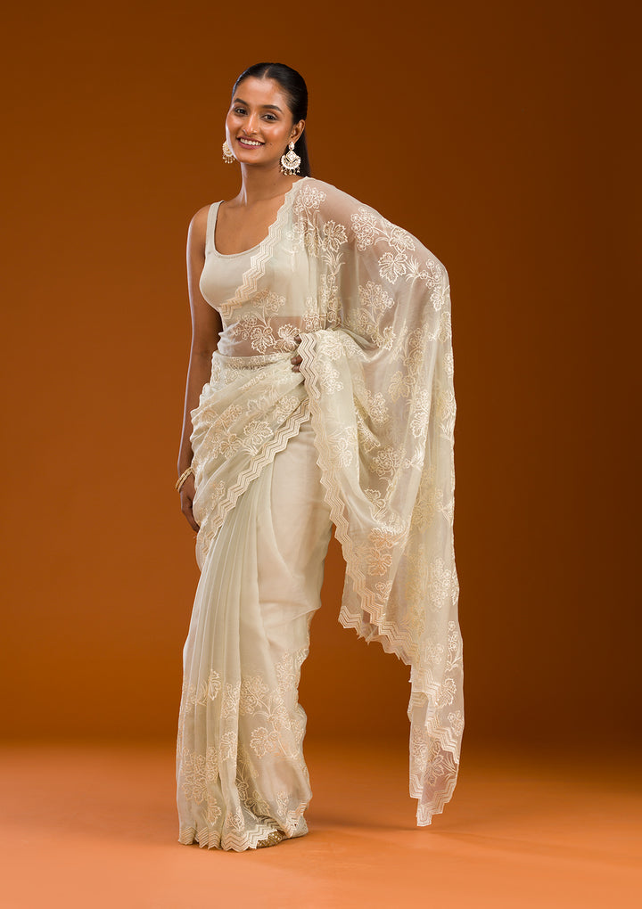 Pista Green Threadwork Chiffon Saree