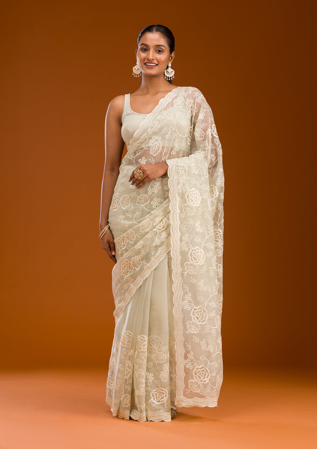 Pista Green Threadwork Chiffon Saree