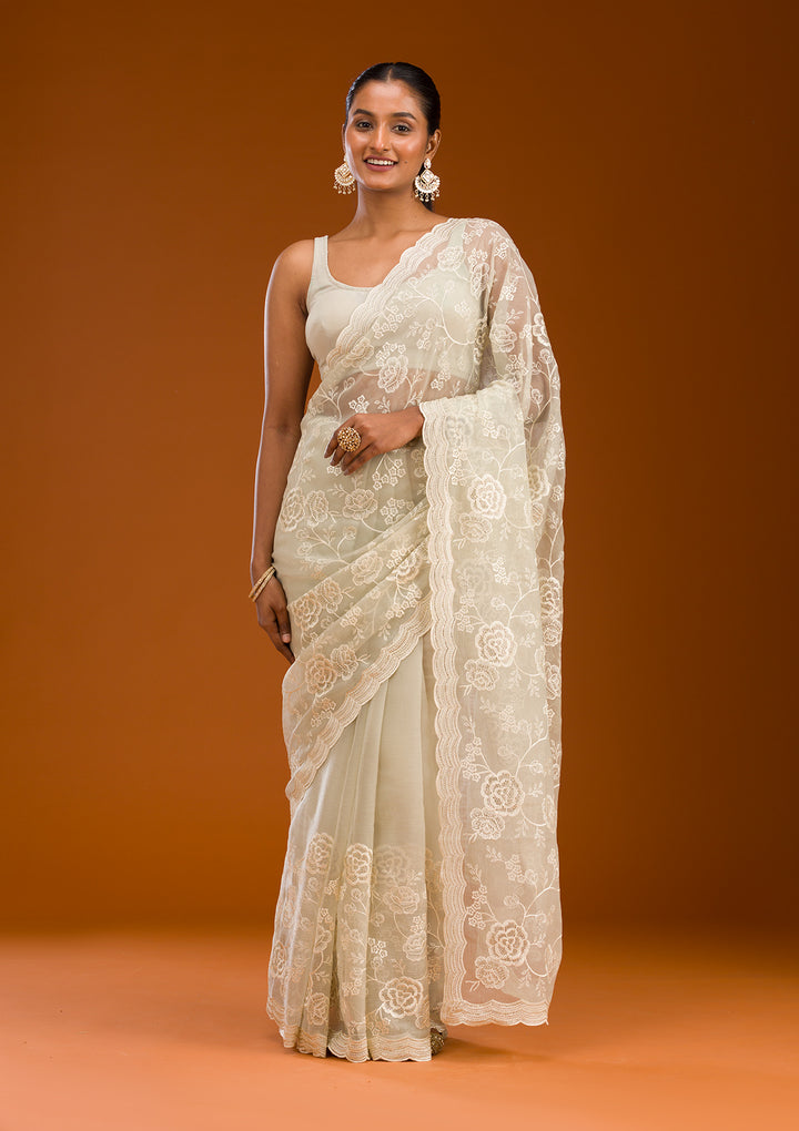 Pista Green Threadwork Chiffon Saree