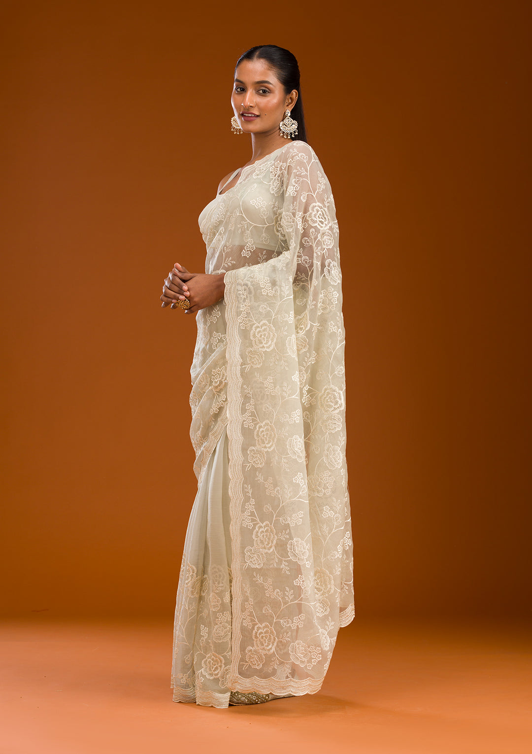 Pista Green Threadwork Chiffon Saree