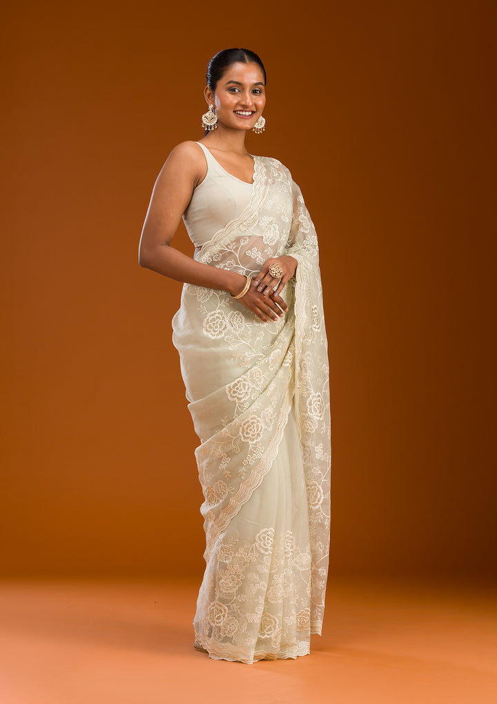 Pista Green Threadwork Chiffon Saree