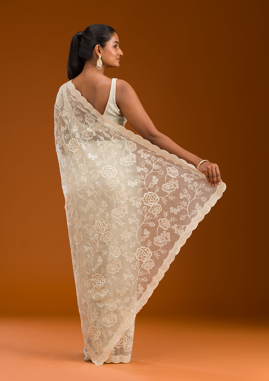 Pista Green Threadwork Chiffon Saree