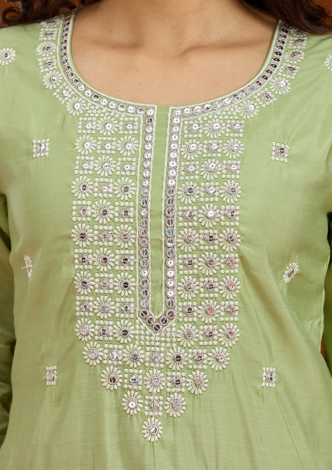 Pista Green Threadwork Semi Crepe Readymade Salwar Suit-Koskii