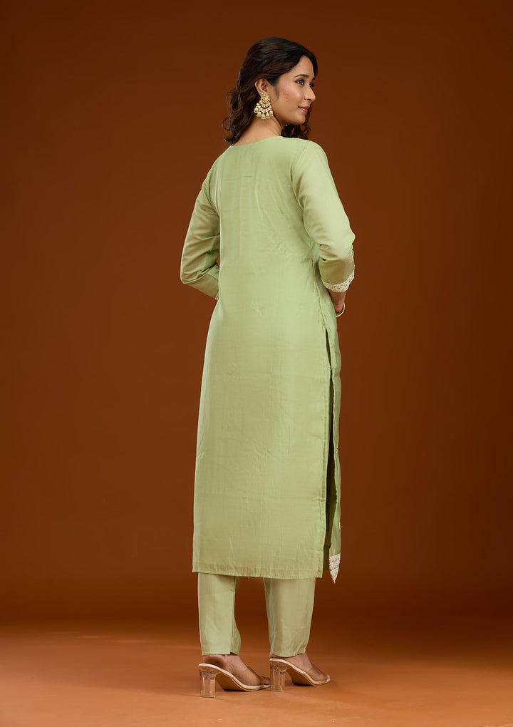 Pista Green Threadwork Semi Crepe Readymade Salwar Suit-Koskii