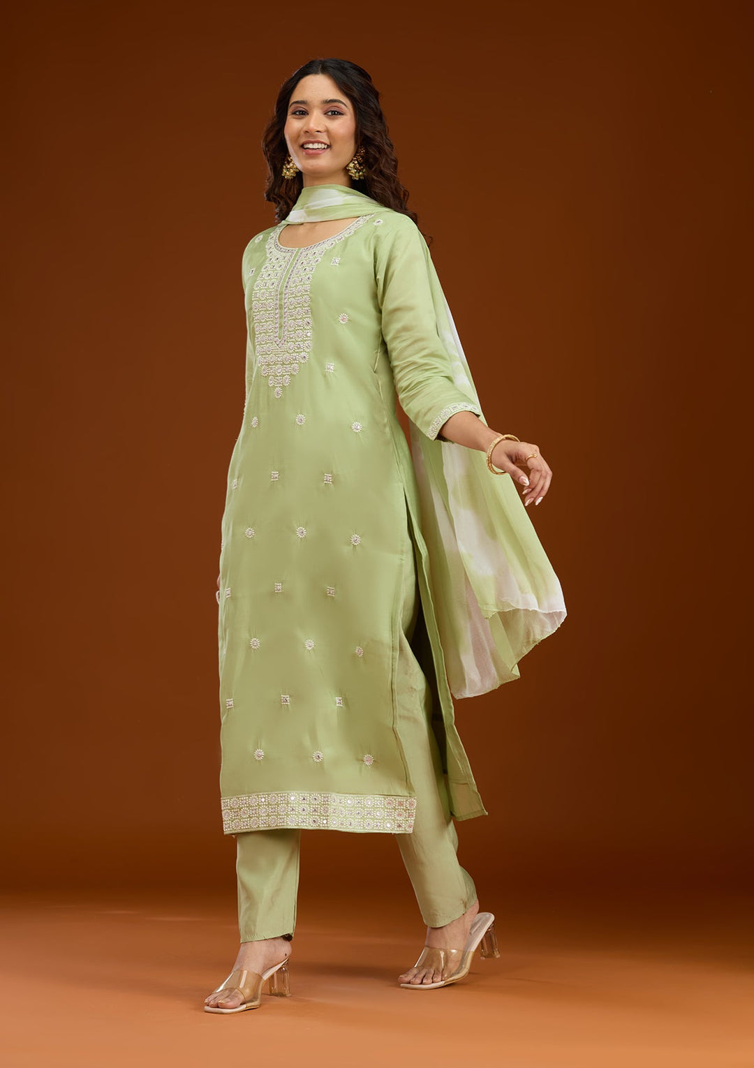 Pista Green Threadwork Semi Crepe Readymade Salwar Suit-Koskii