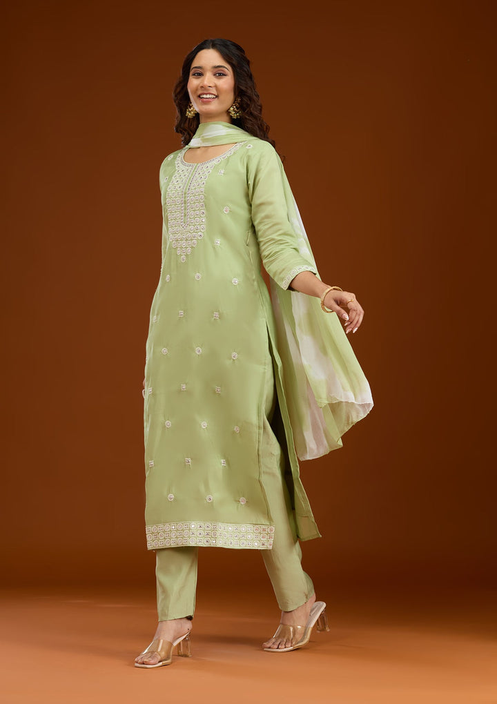 Pista Green Threadwork Semi Crepe Readymade Salwar Suit-Koskii