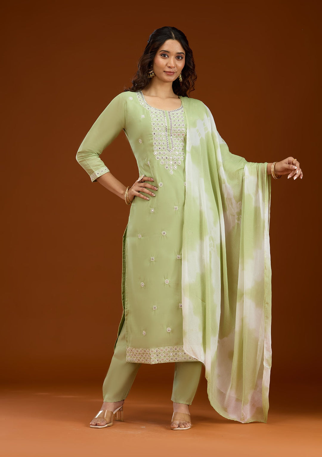 Pista Green Threadwork Semi Crepe Readymade Salwar Suit-Koskii