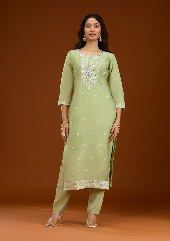 Pista Green Threadwork Semi Crepe Readymade Salwar Suit-Koskii