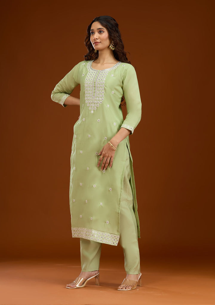 Pista Green Threadwork Semi Crepe Readymade Salwar Suit-Koskii