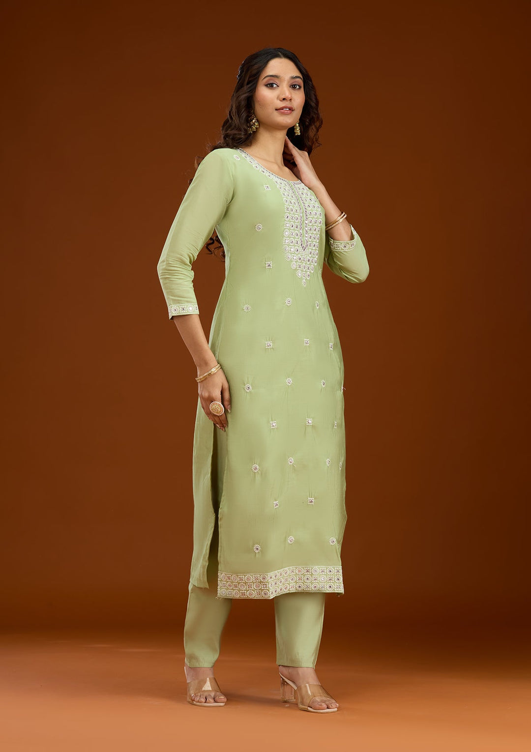 Pista Green Threadwork Semi Crepe Readymade Salwar Suit-Koskii
