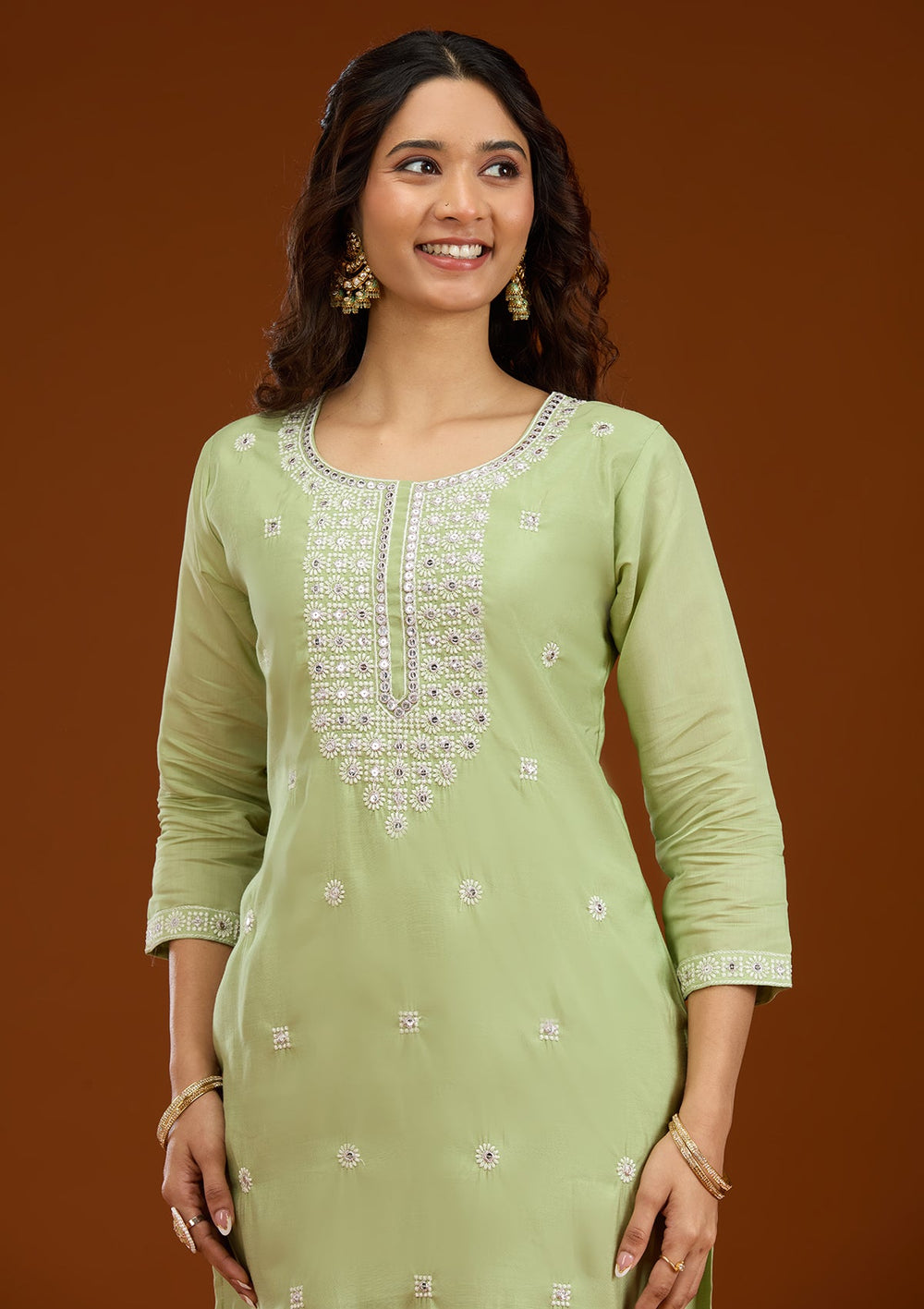 Pista Green Threadwork Semi Crepe Readymade Salwar Suit-Koskii